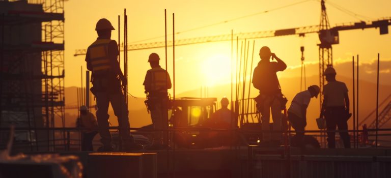 Construction workers silhouetted against a vibrant sunset, actively engaged on a bustling construction site.