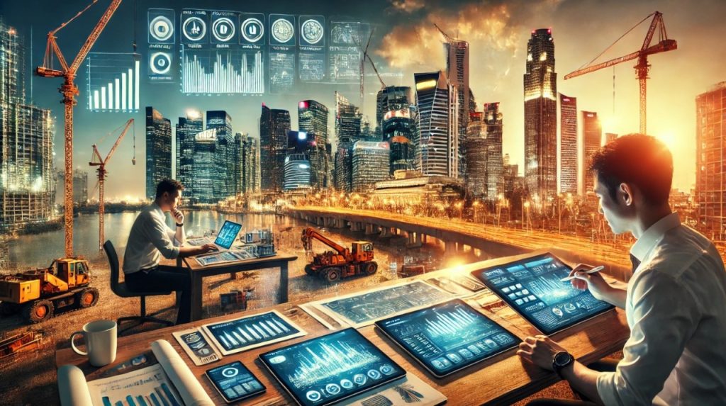 Futuristic cityscape with two individuals using advanced technology interfaces and Construction ERP Software